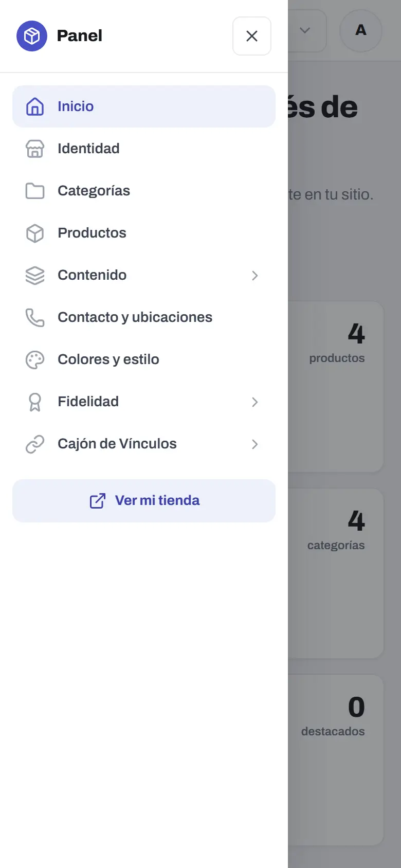 Menú del panel de Disecko: identidad, categorías, productos, contenido, contacto, colores