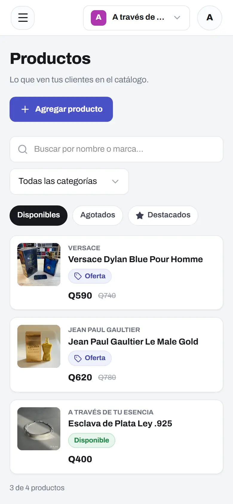 Listado de productos en el panel de Disecko, filtrado por disponibles, con buscador y categorías