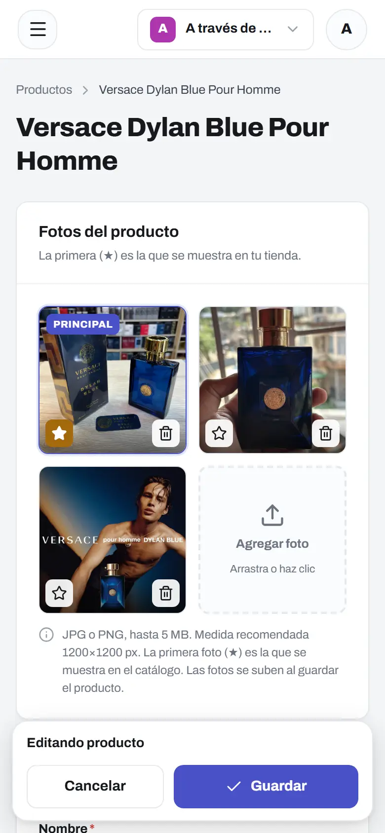 Edición de un producto en el panel de Disecko: fotos, foto principal y botón de guardar