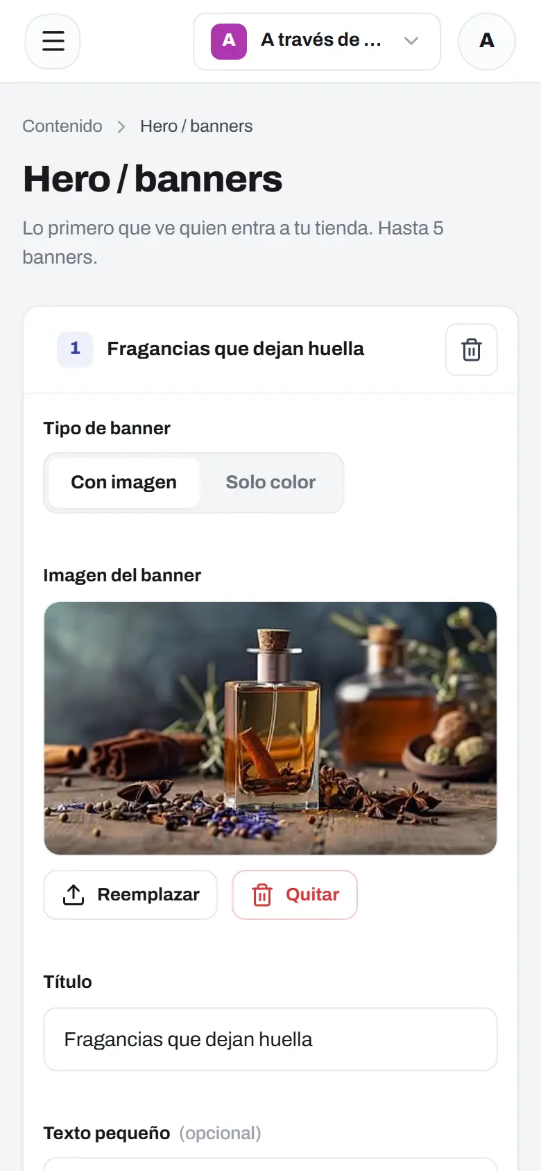 Edición del hero de la portada en el panel de Disecko: imagen, título y texto del banner