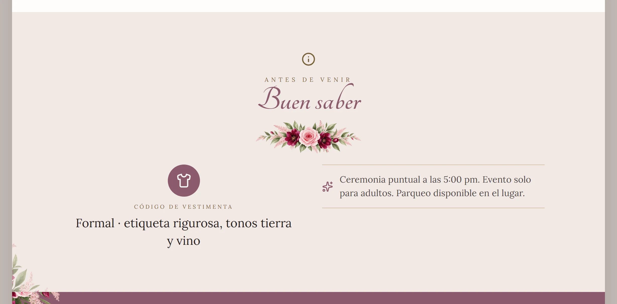 Sección «Buen saber» de una invitación digital de Disecko: código de vestimenta y detalles del evento