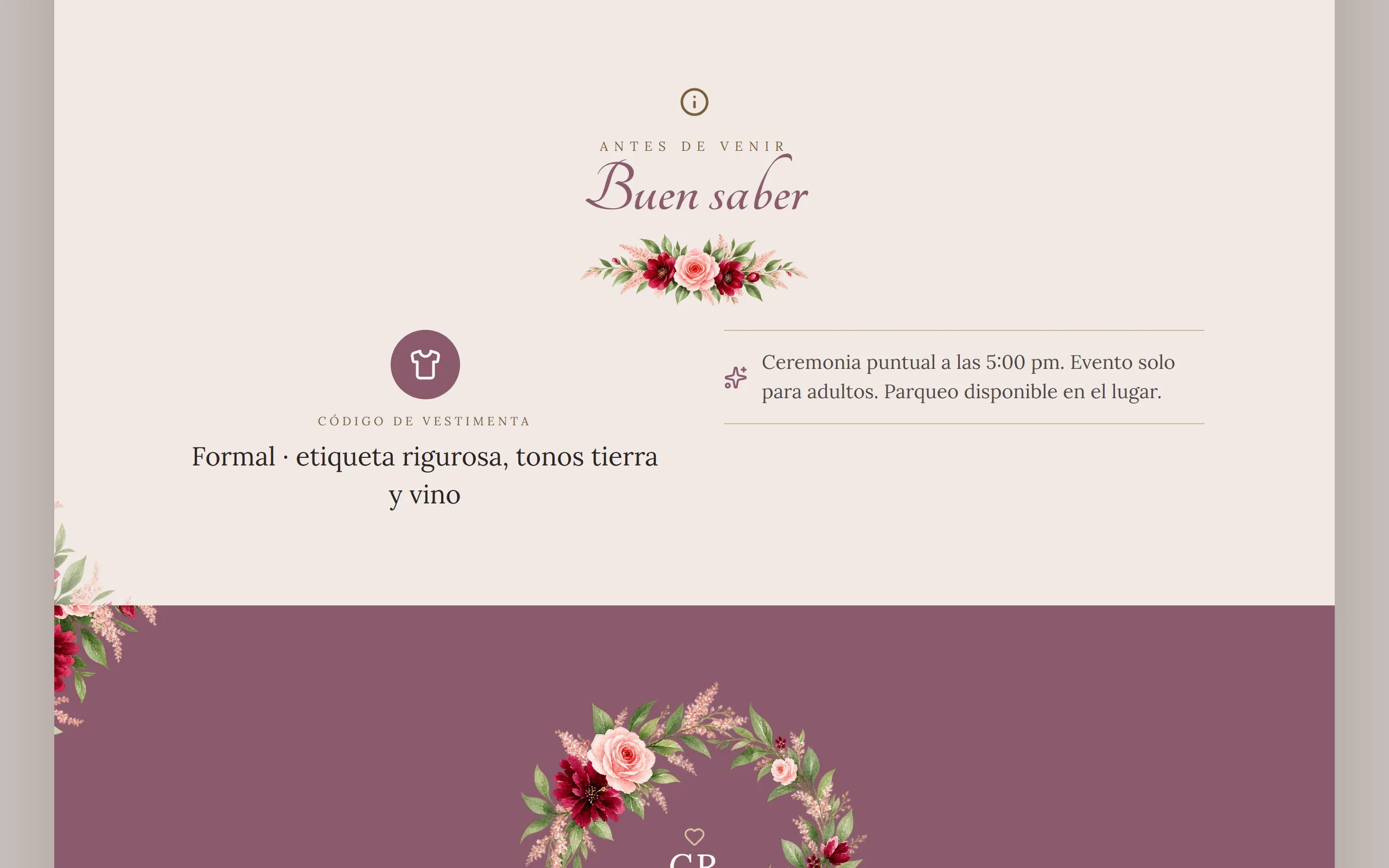 Sección «Buen saber» de una invitación digital de Disecko: código de vestimenta y detalles del evento