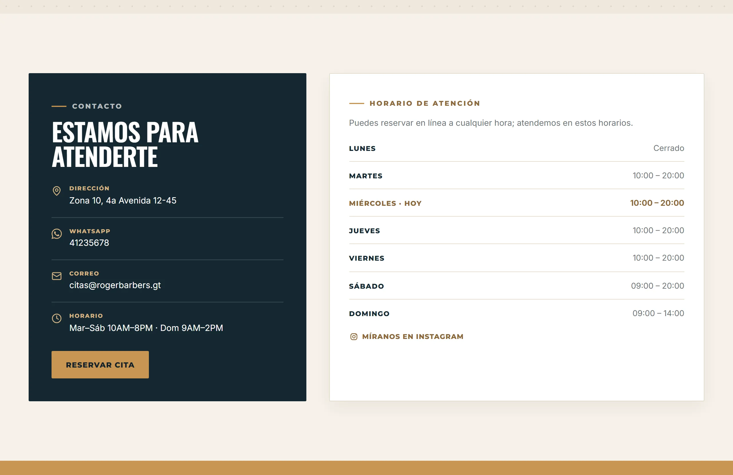 Sitio de servicios con agenda, diseño Creativa, paleta Cedro, hecho con Disecko