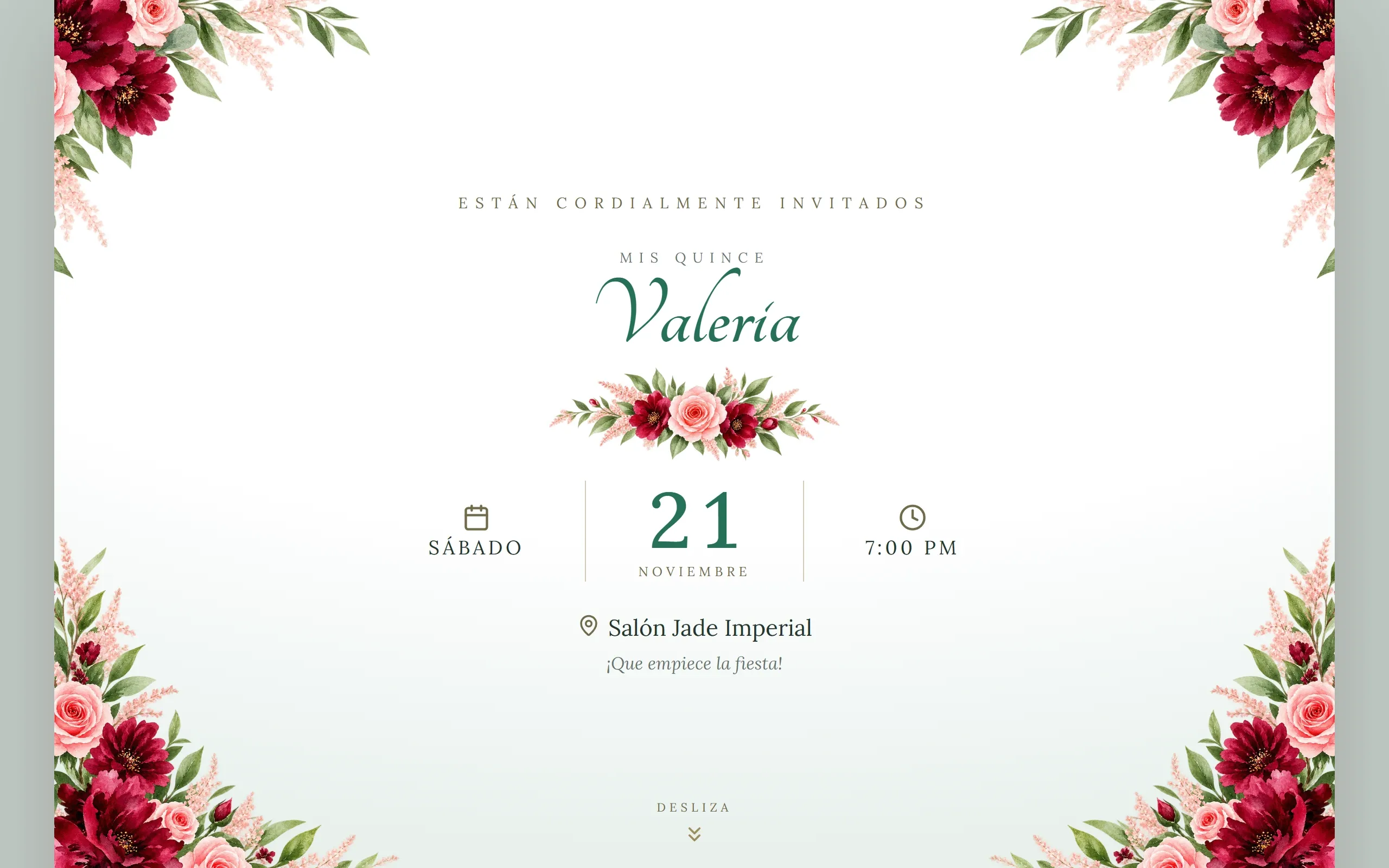 Invitación digital con diseño Elegante, paleta Esmeralda, hecho con Disecko