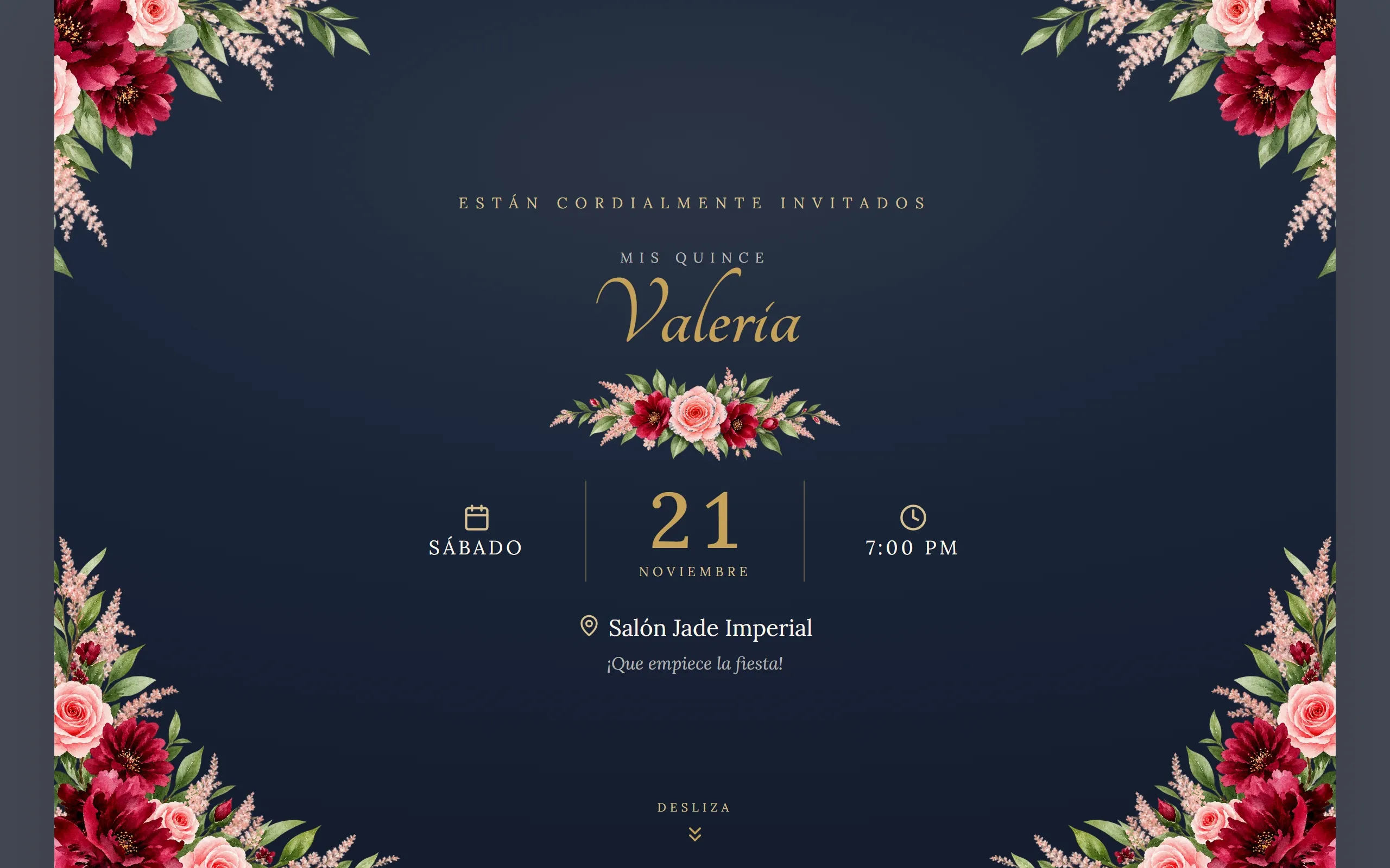 Invitación digital con diseño Elegante, paleta Azul Noche & Oro, hecho con Disecko