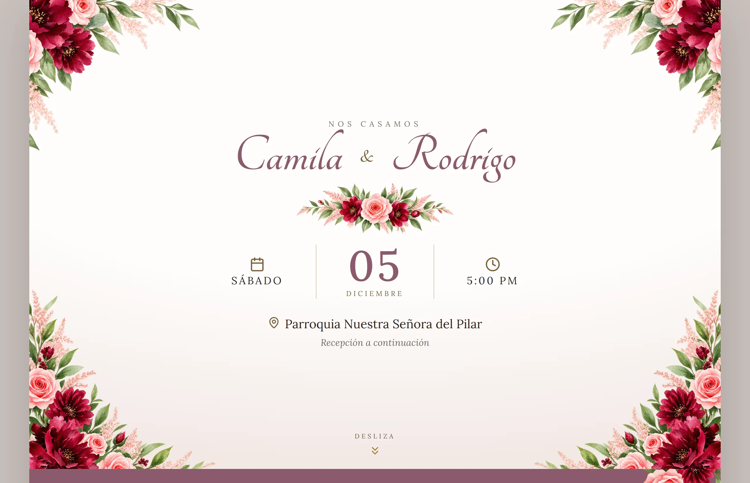 Invitación digital con diseño Elegante hecha con Disecko — paleta Ciruela