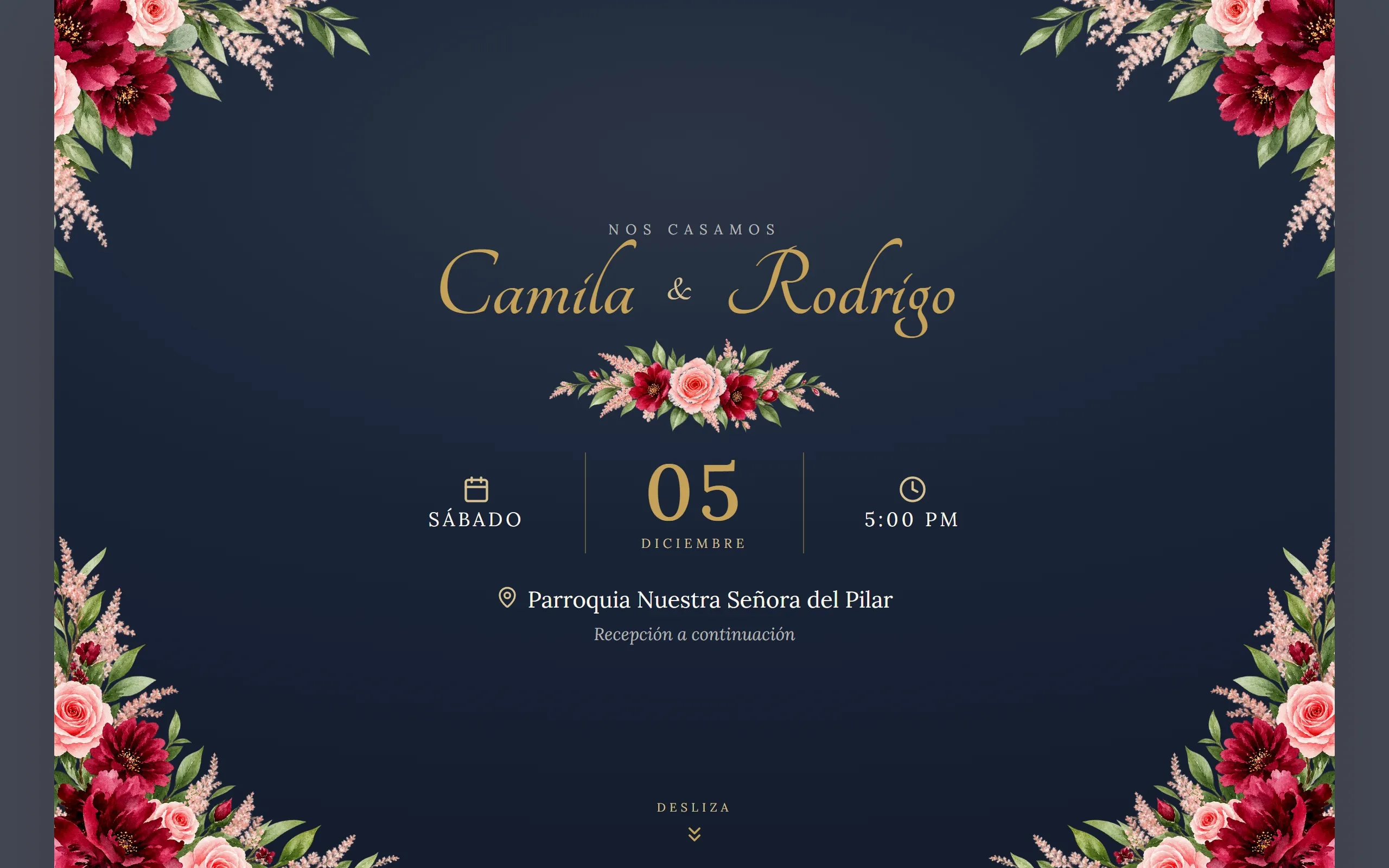 Invitación digital con diseño Elegante hecha con Disecko — paleta Azul Noche & Oro