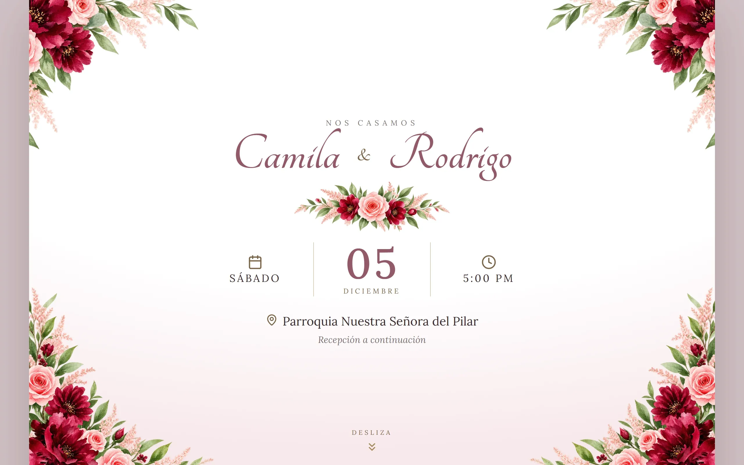 Invitación digital con diseño Elegante hecha con Disecko — paleta Rosa Imperial