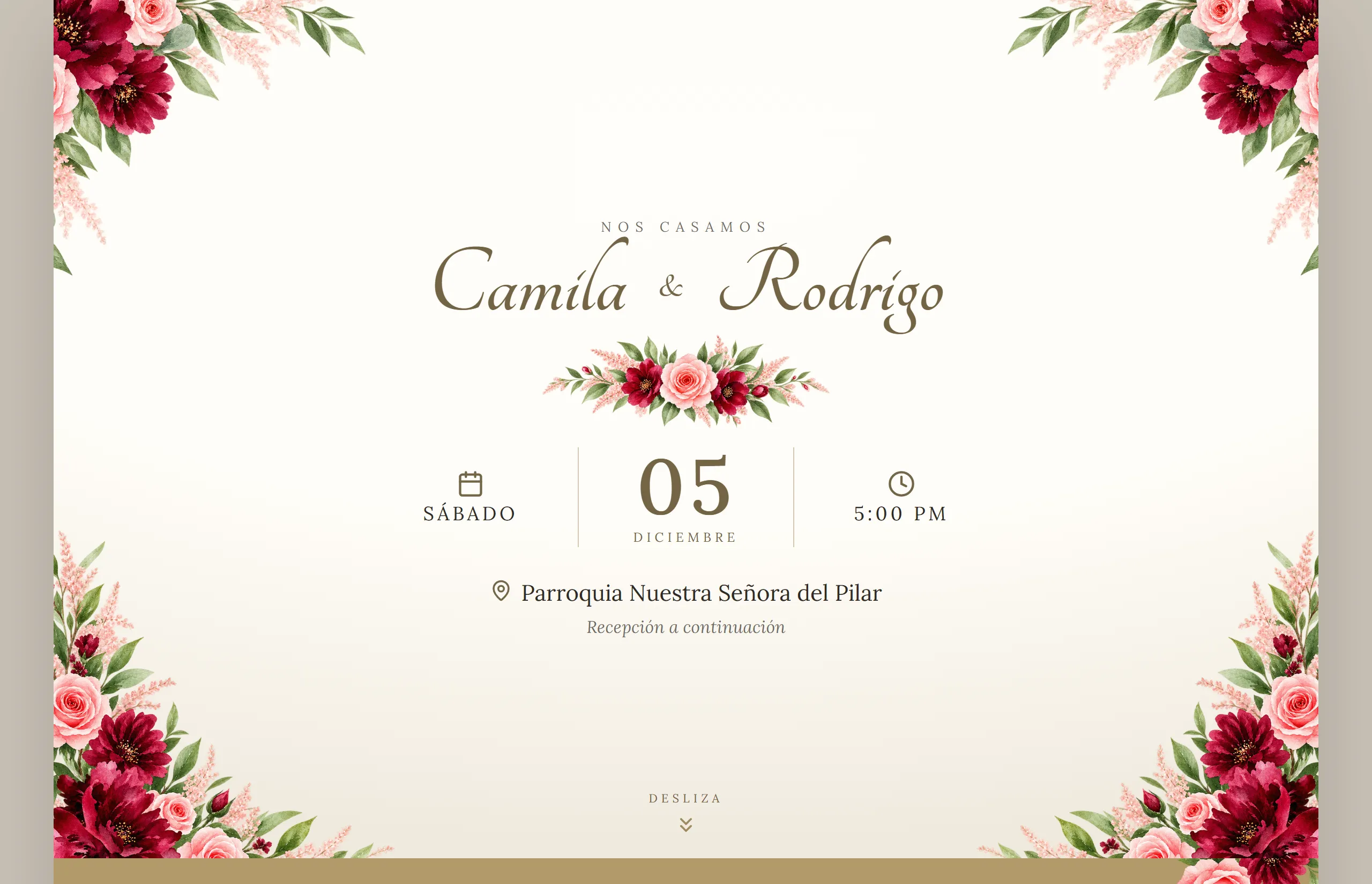 Invitación digital con diseño Elegante hecha con Disecko — paleta Champagne