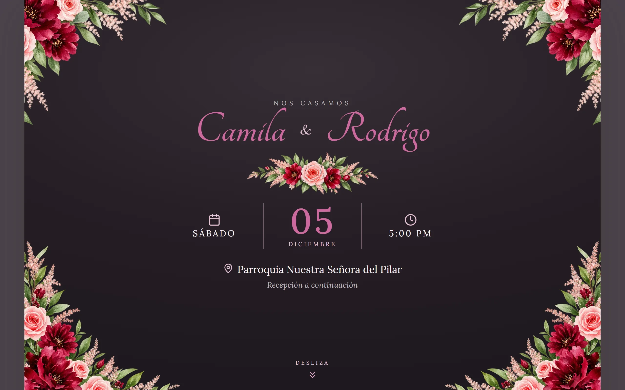 Invitación digital con diseño Elegante, paleta Fucsia Noche, hecho con Disecko