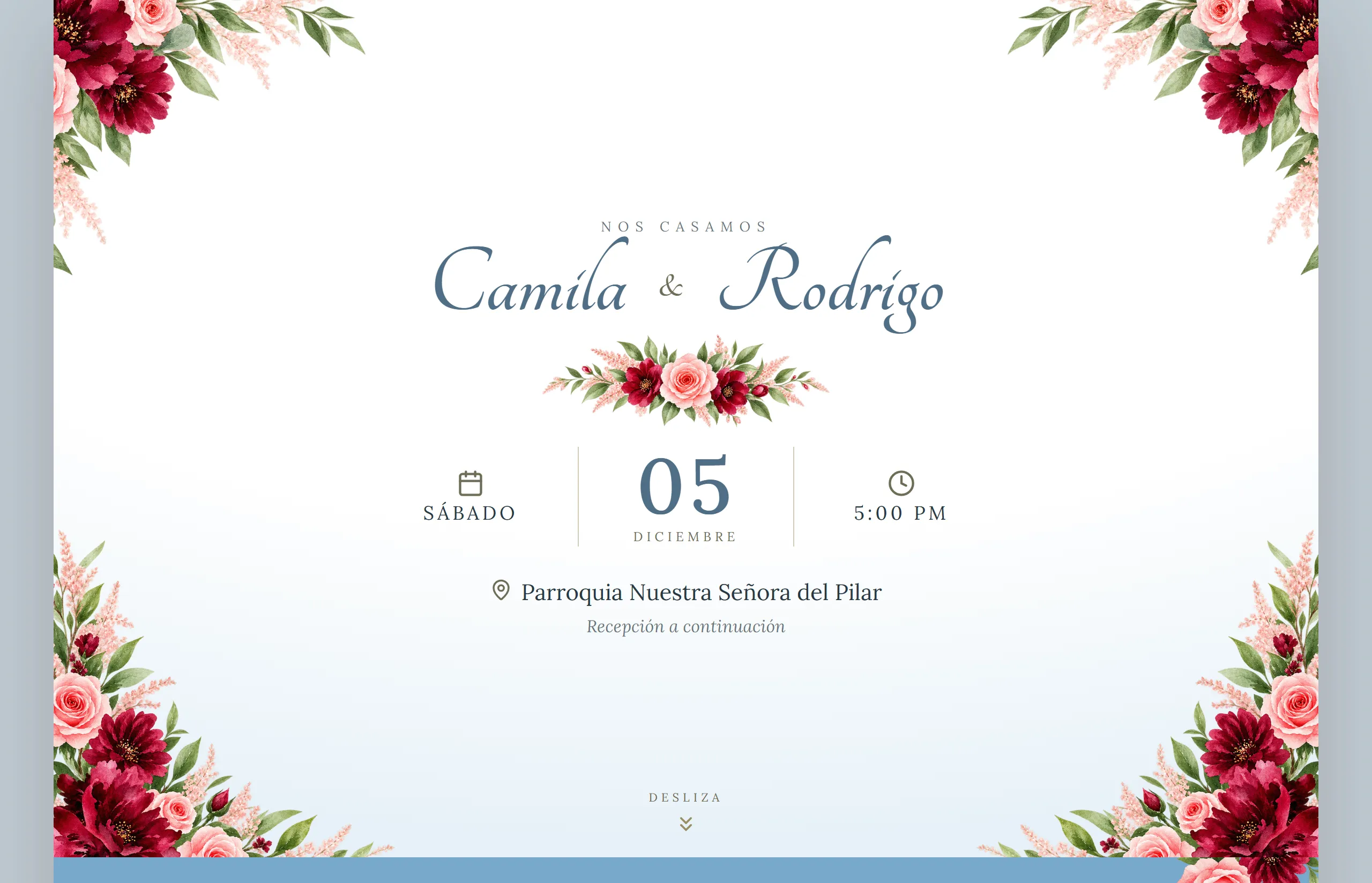 Invitación digital con diseño Elegante hecha con Disecko — paleta Cielo Suave