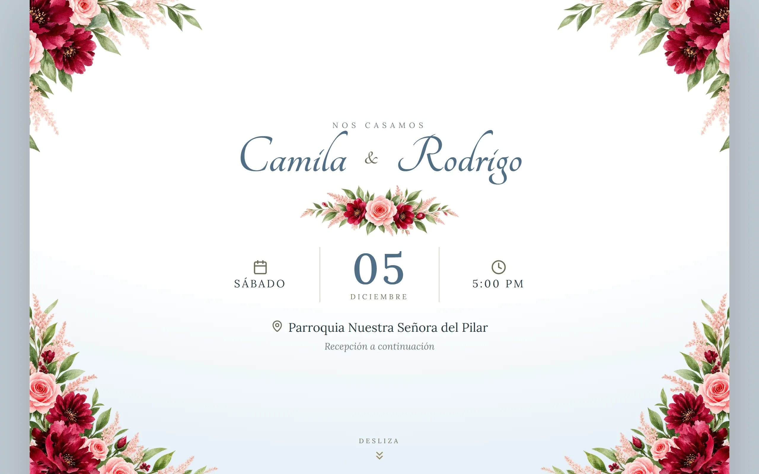 Invitación digital con diseño Elegante hecha con Disecko — paleta Cielo Suave