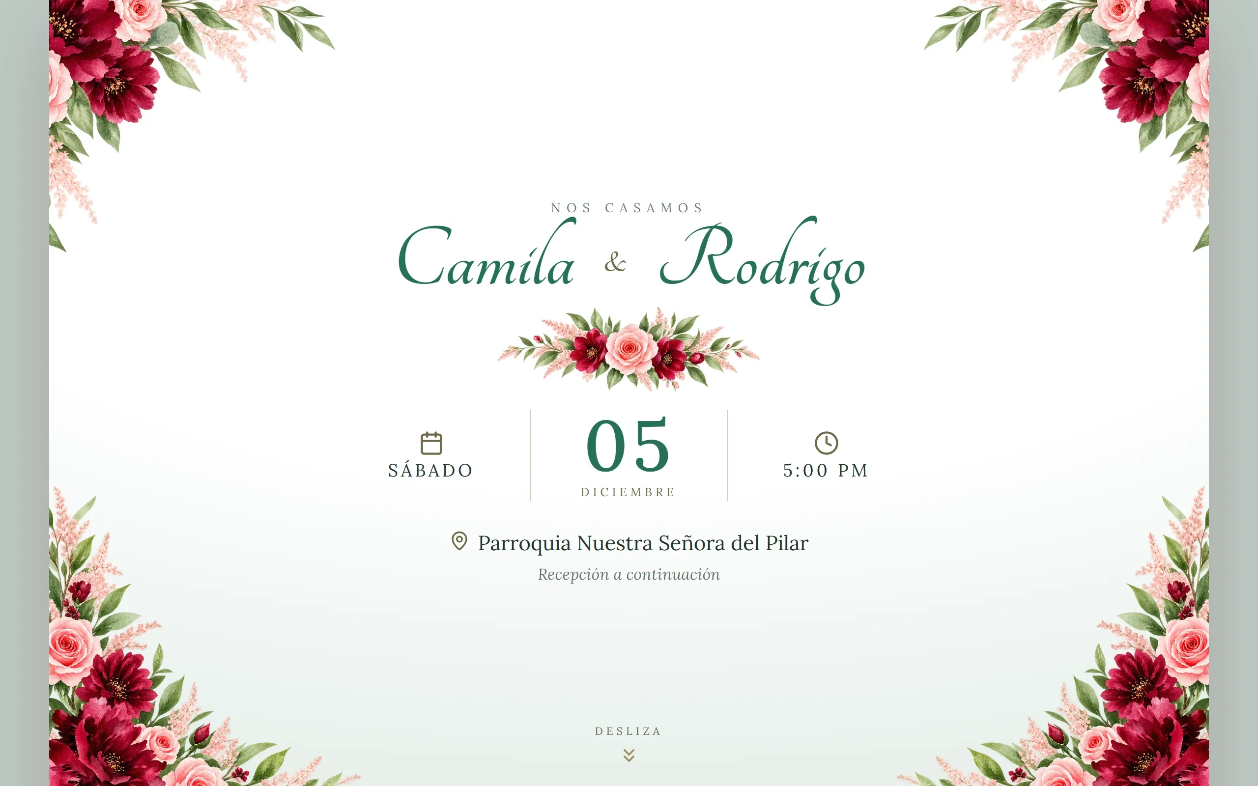 Invitación digital con diseño Elegante hecha con Disecko — paleta Esmeralda