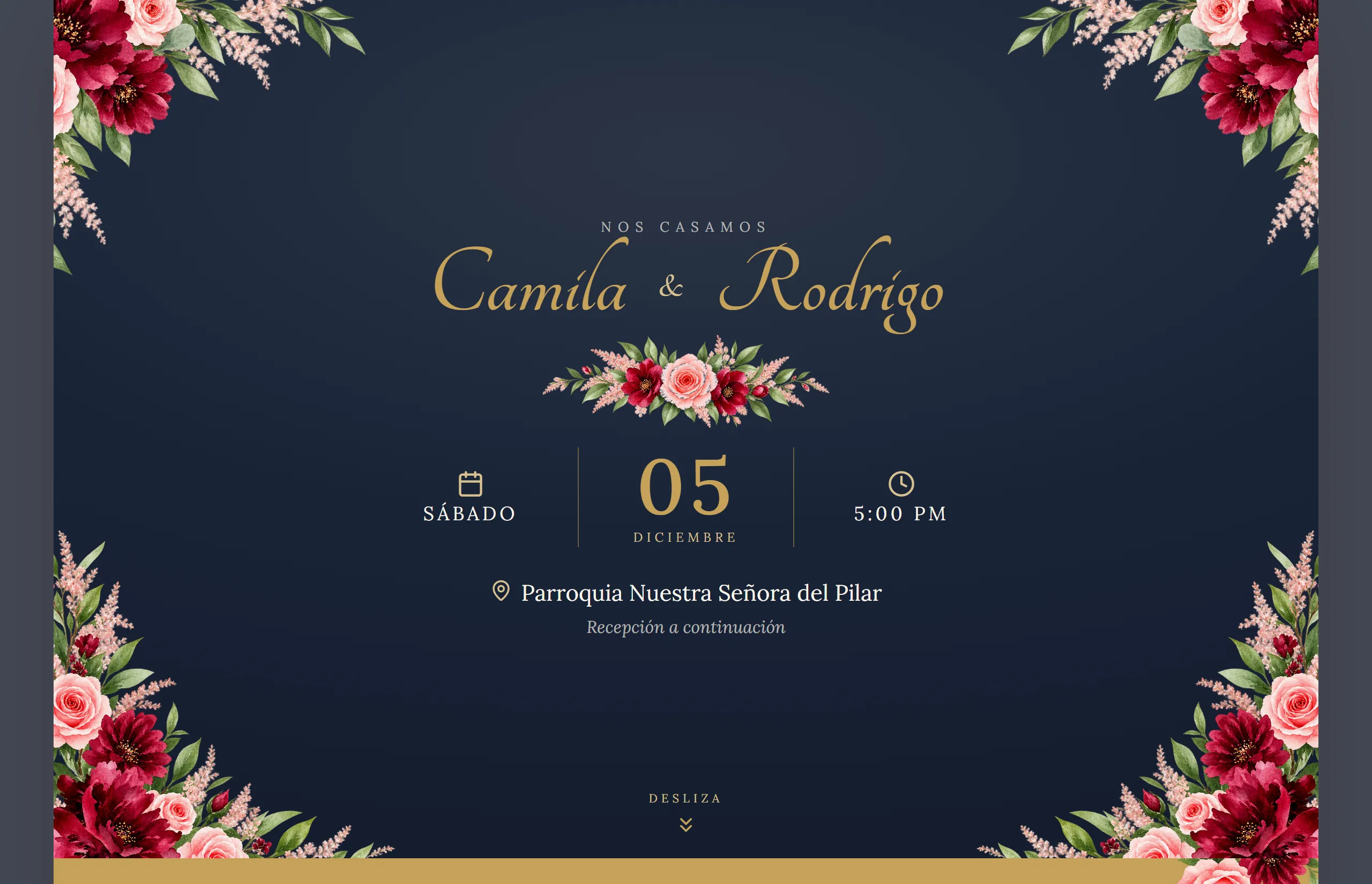 Invitación digital con diseño Elegante hecha con Disecko — paleta Azul Noche & Oro