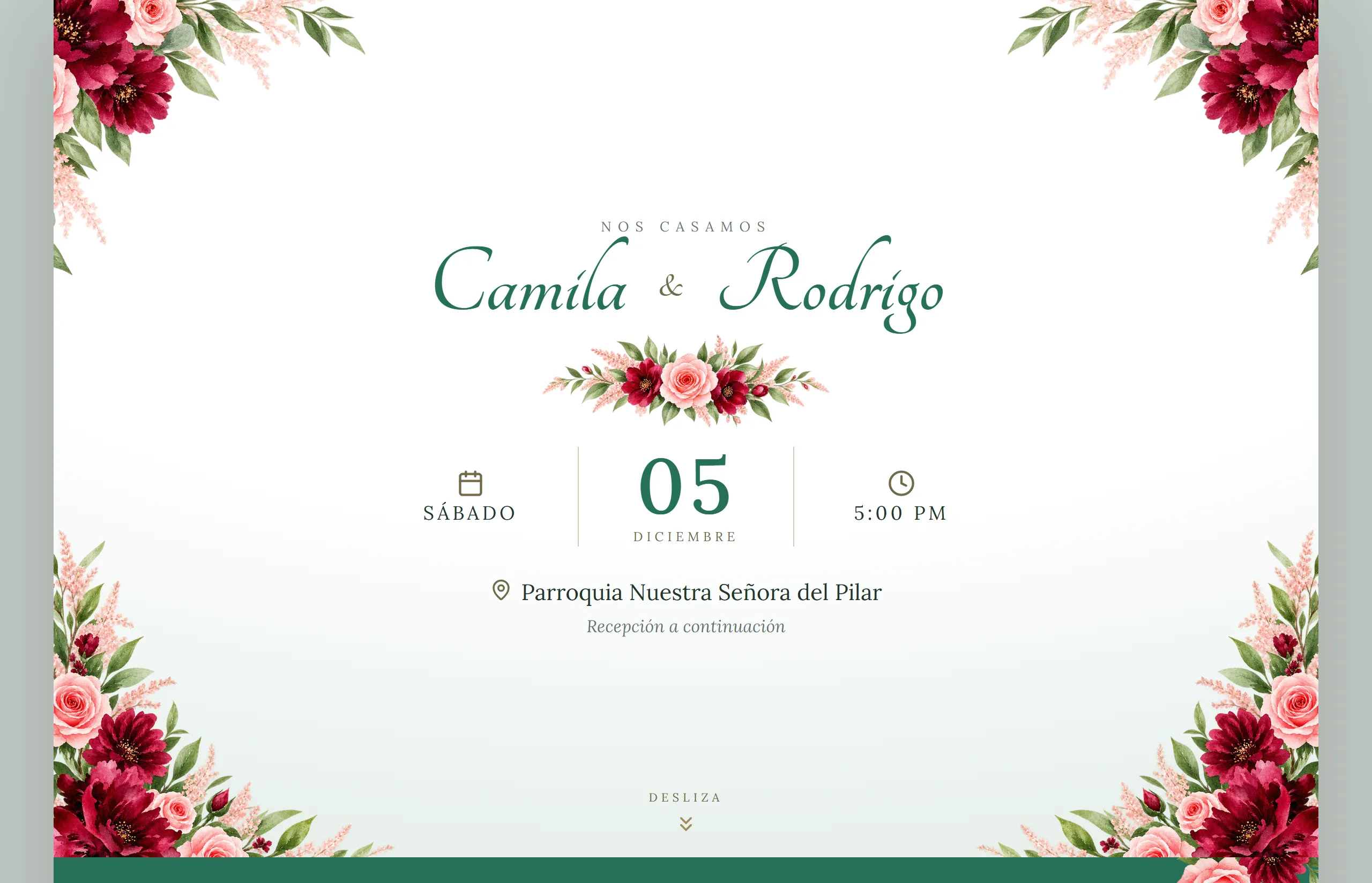 Invitación digital con diseño Elegante hecha con Disecko — paleta Esmeralda