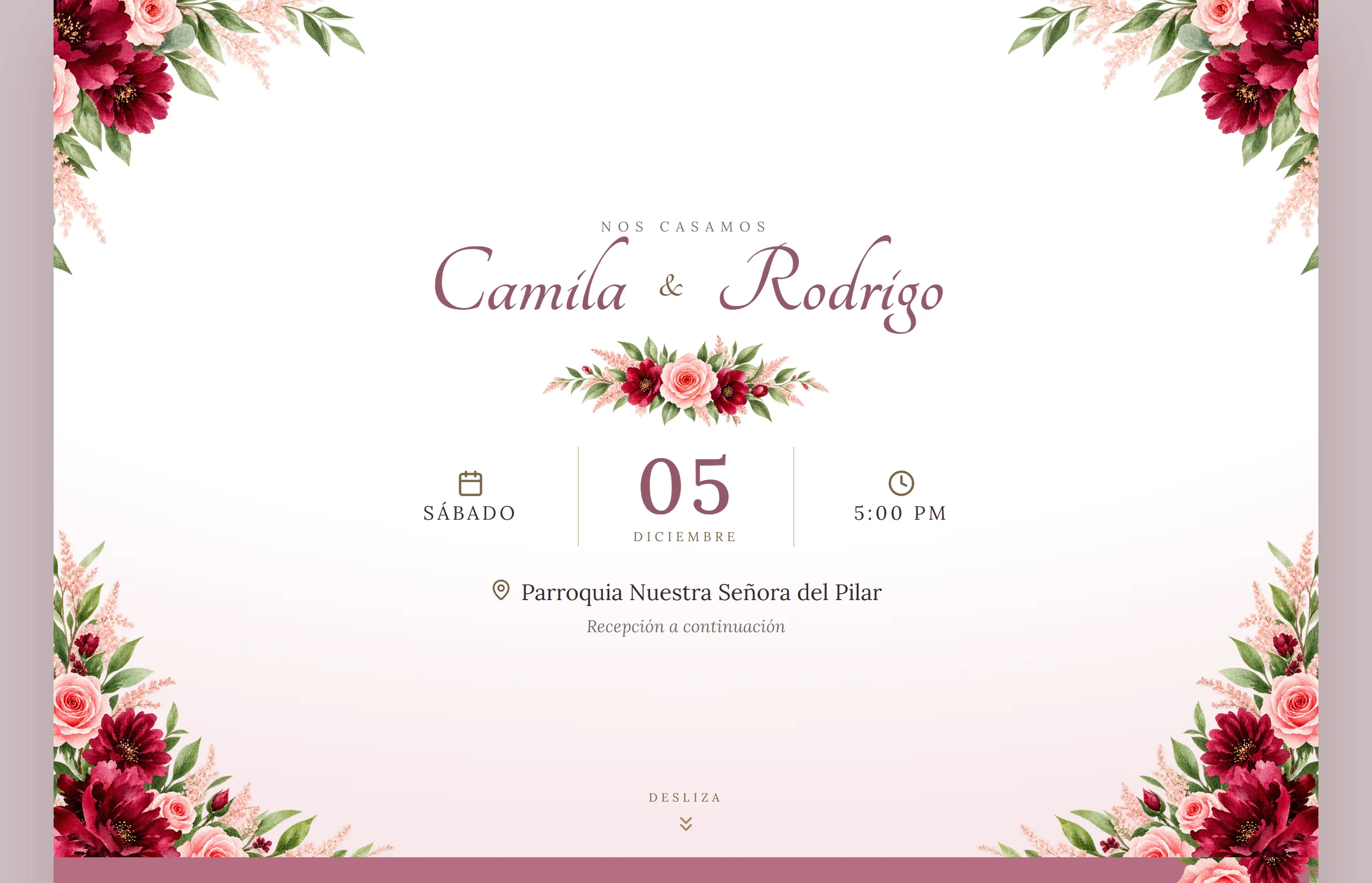 Invitación digital con diseño Elegante hecha con Disecko — paleta Rosa Imperial