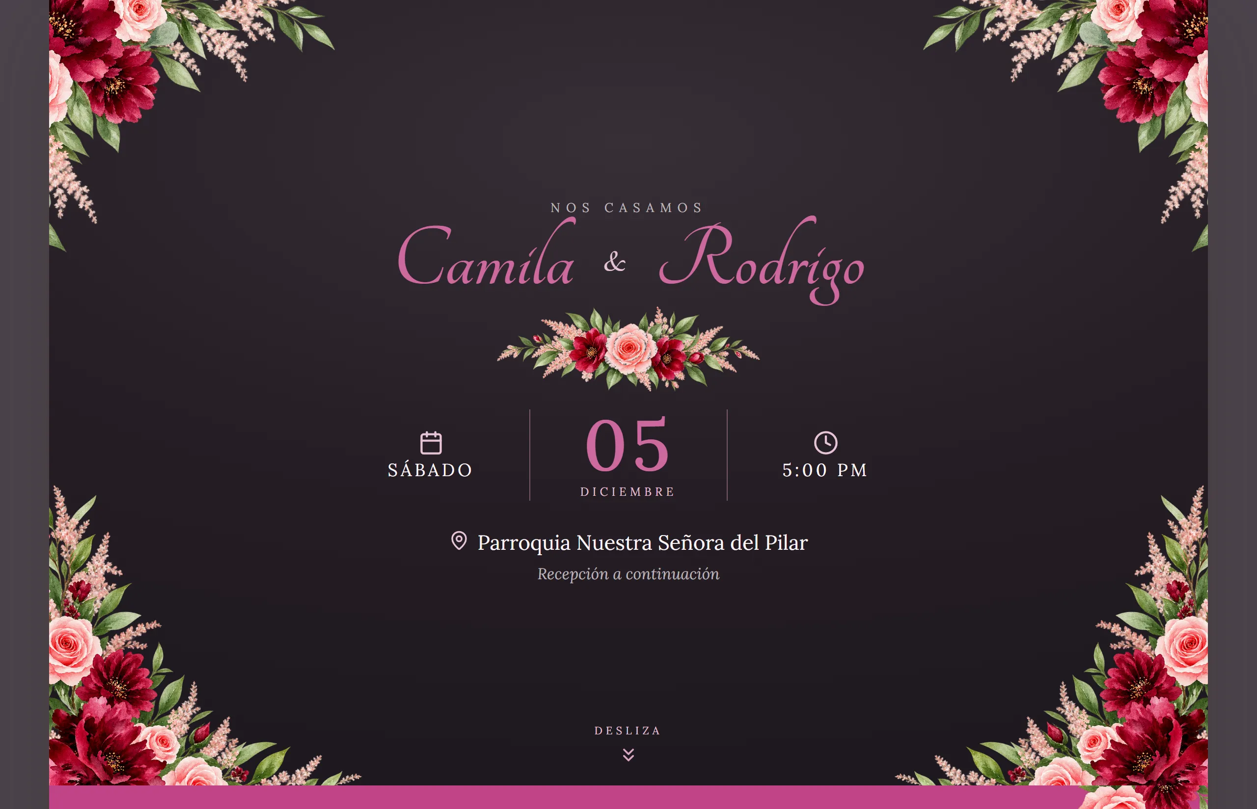 Invitación digital con diseño Elegante hecha con Disecko — paleta Fucsia Noche