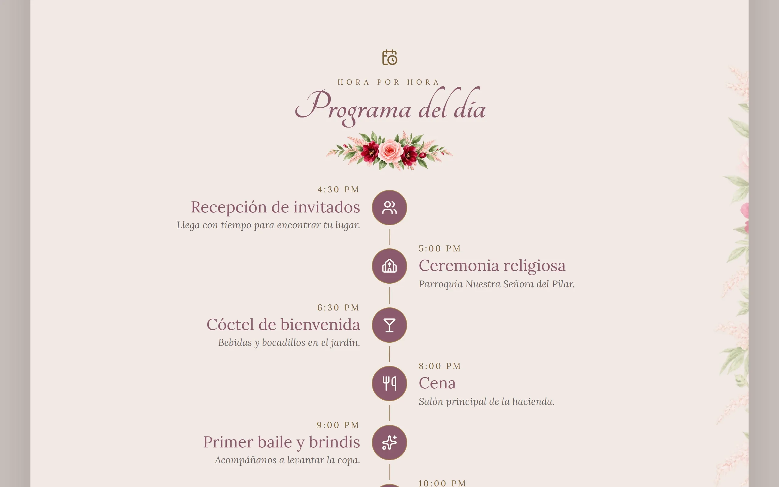 Itinerario de una invitación digital de Disecko, con cada momento y su hora