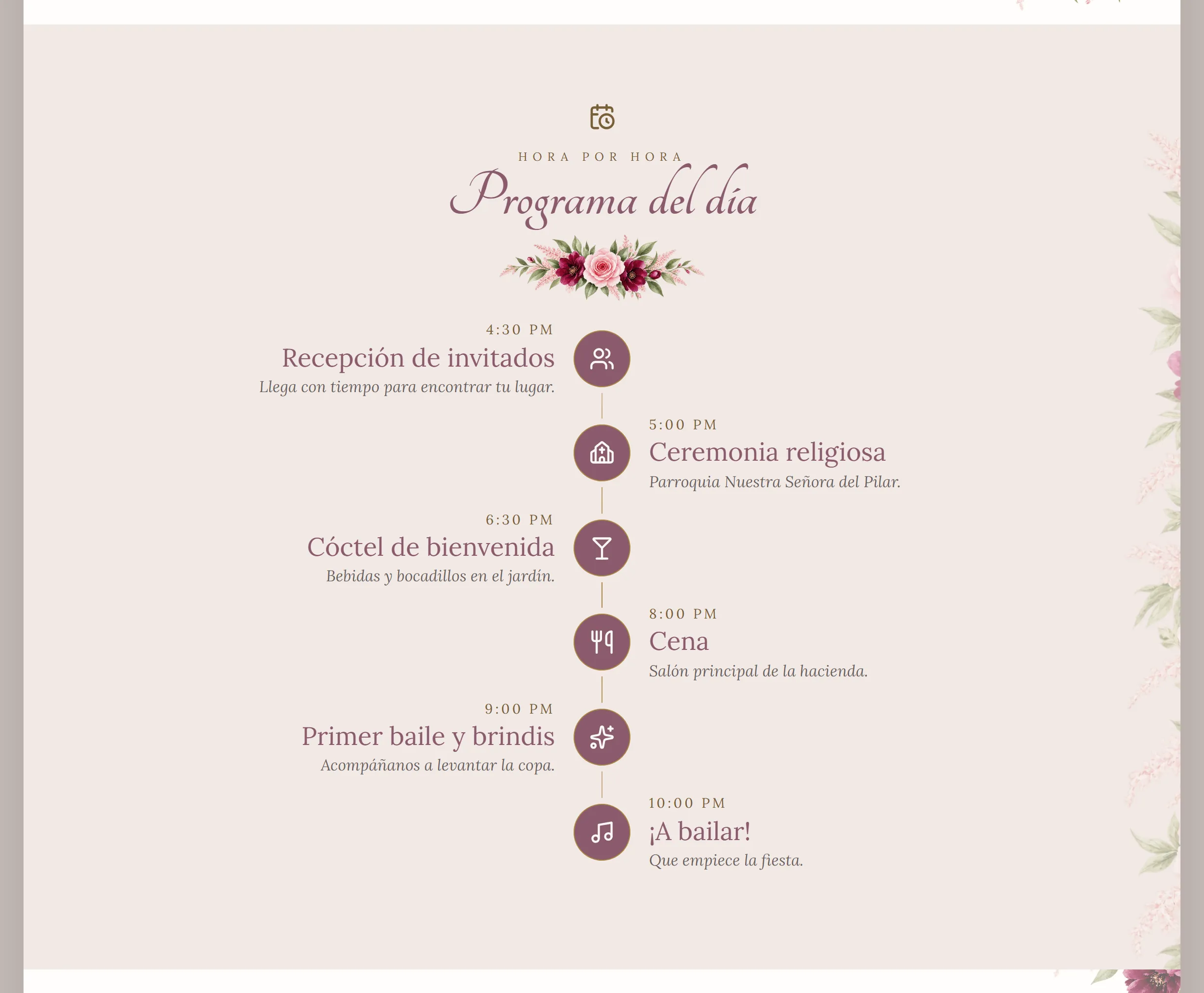 Itinerario de una invitación digital de Disecko, con cada momento y su hora