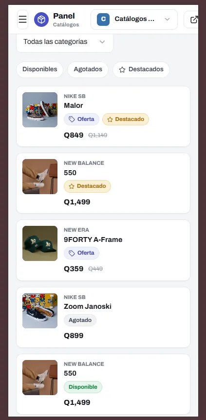 Panel de productos