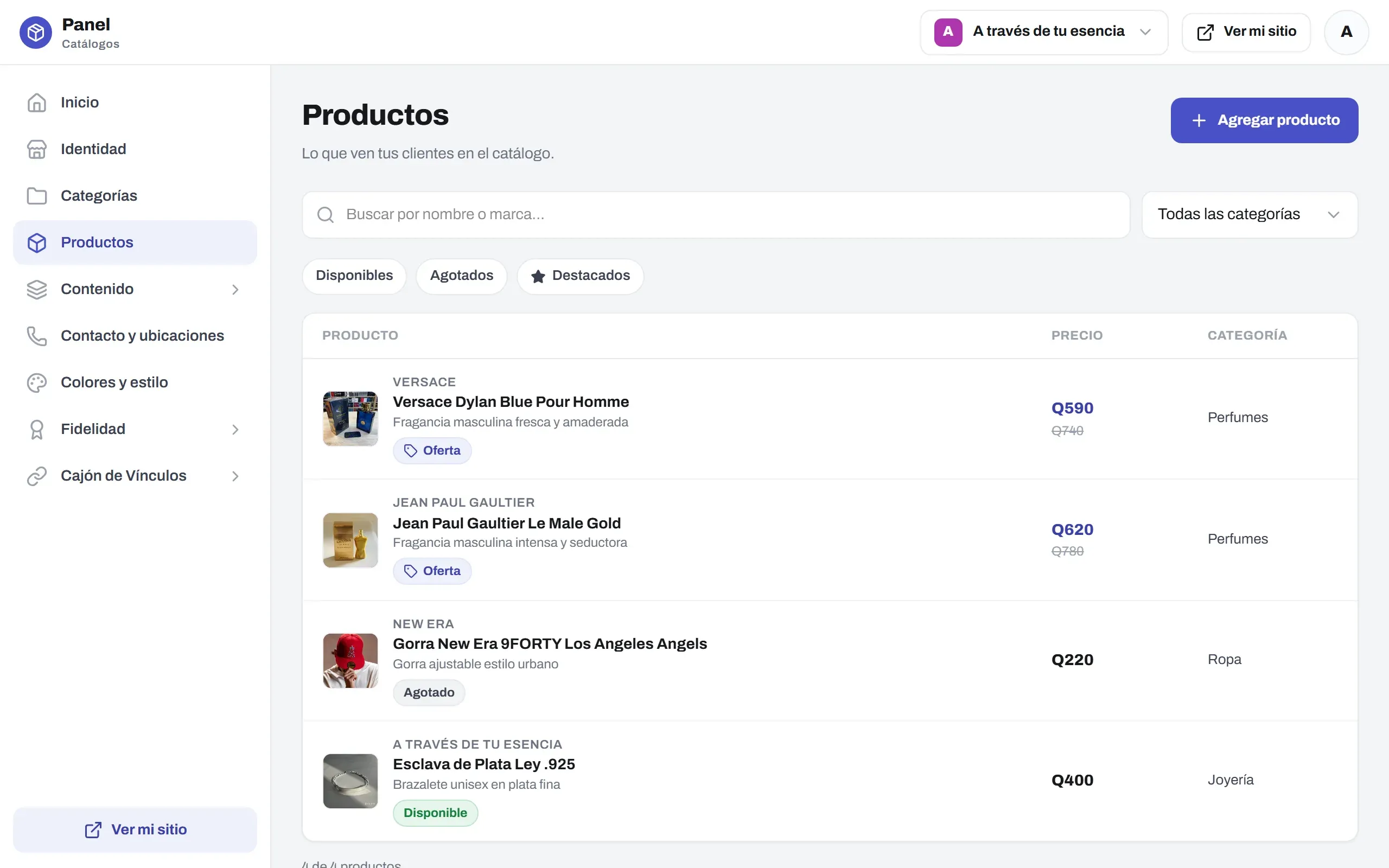 Panel de Disecko con la lista de productos del catálogo