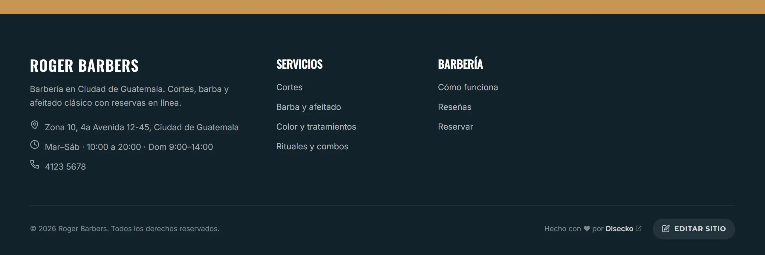 Sitio de servicios con agenda, diseño Creativa, paleta Cedro, hecho con Disecko