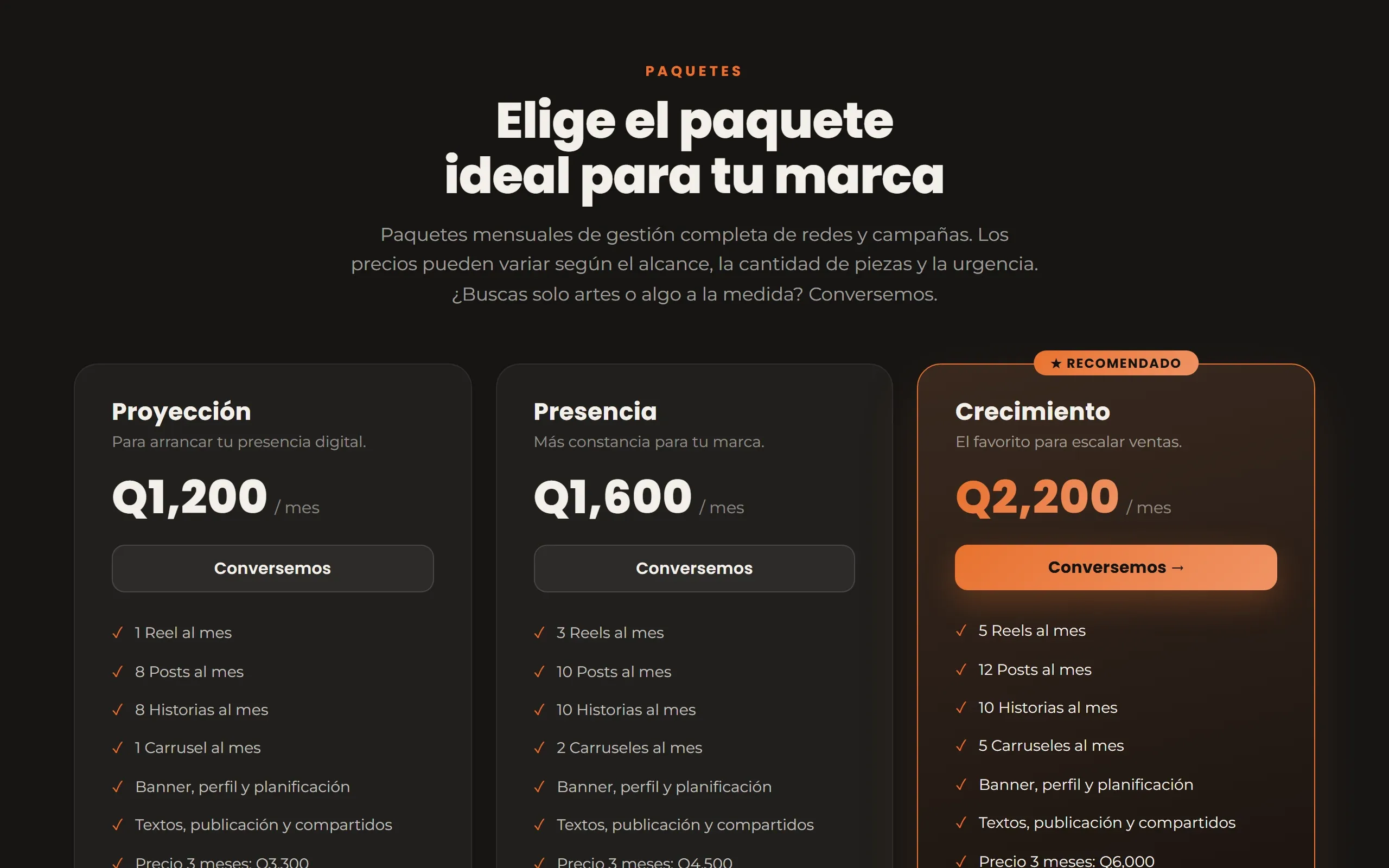 Sección de planes y precios del sitio para empresas