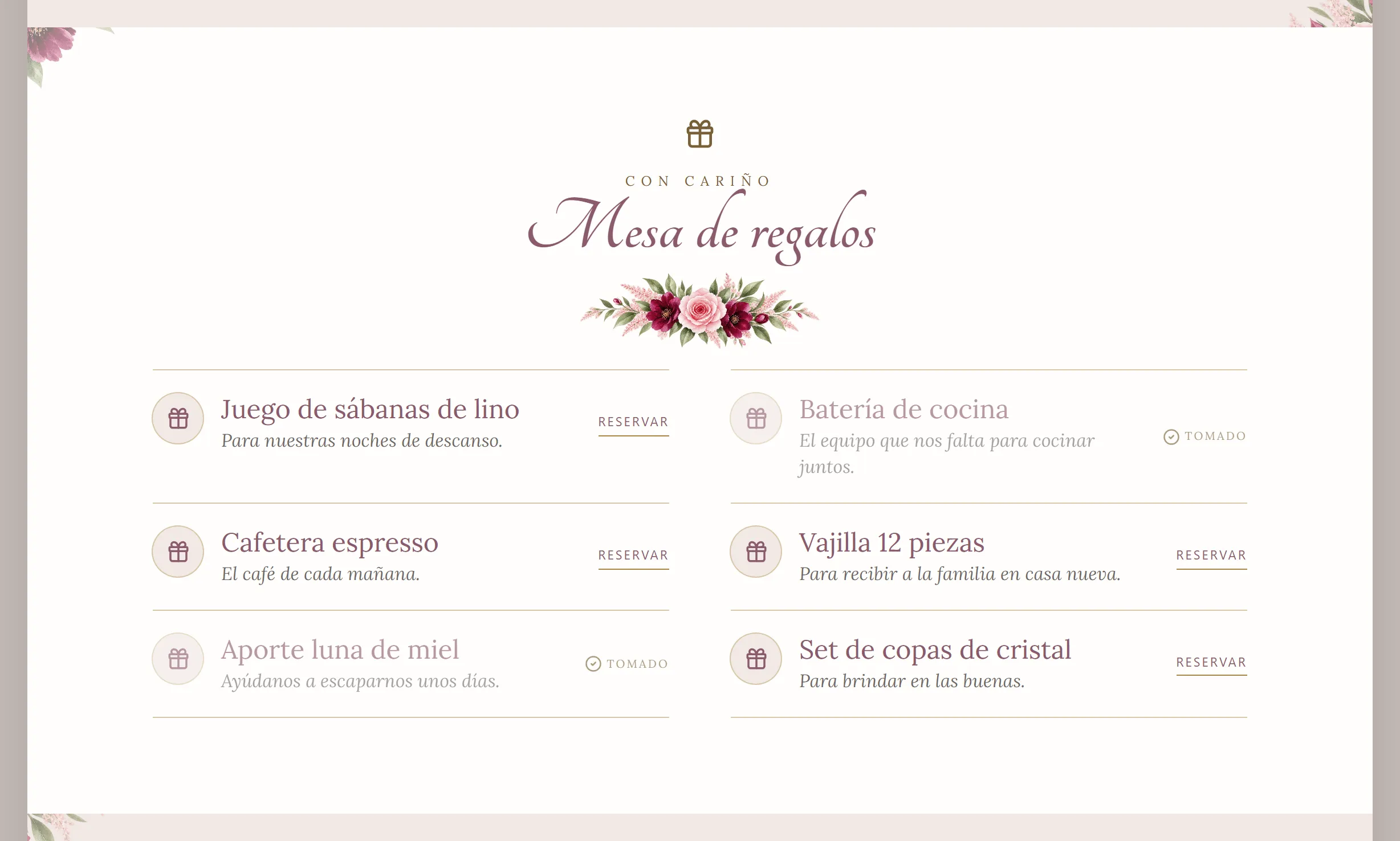 Lista de regalos de una invitación digital de Disecko