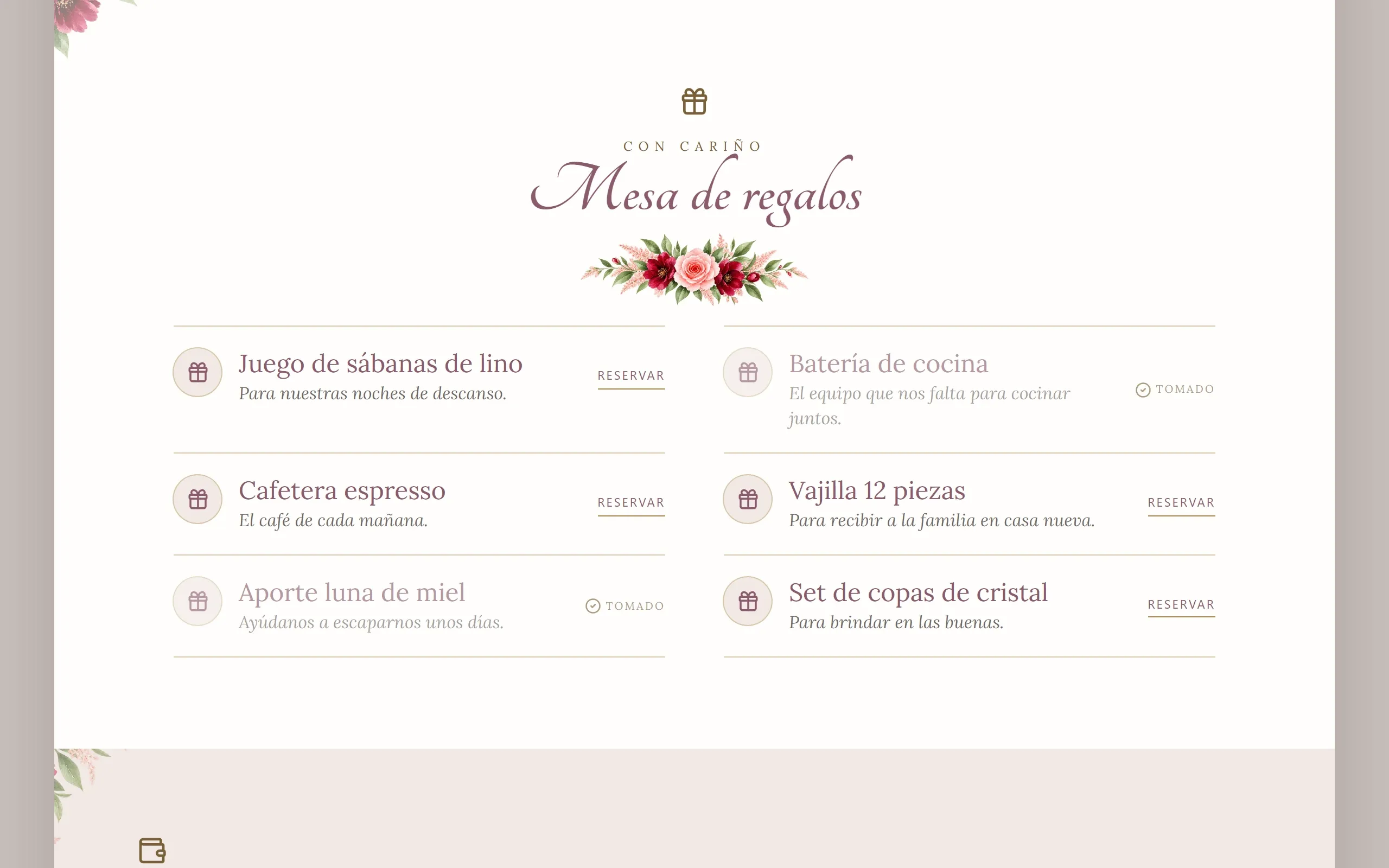Lista de regalos de una invitación digital de Disecko