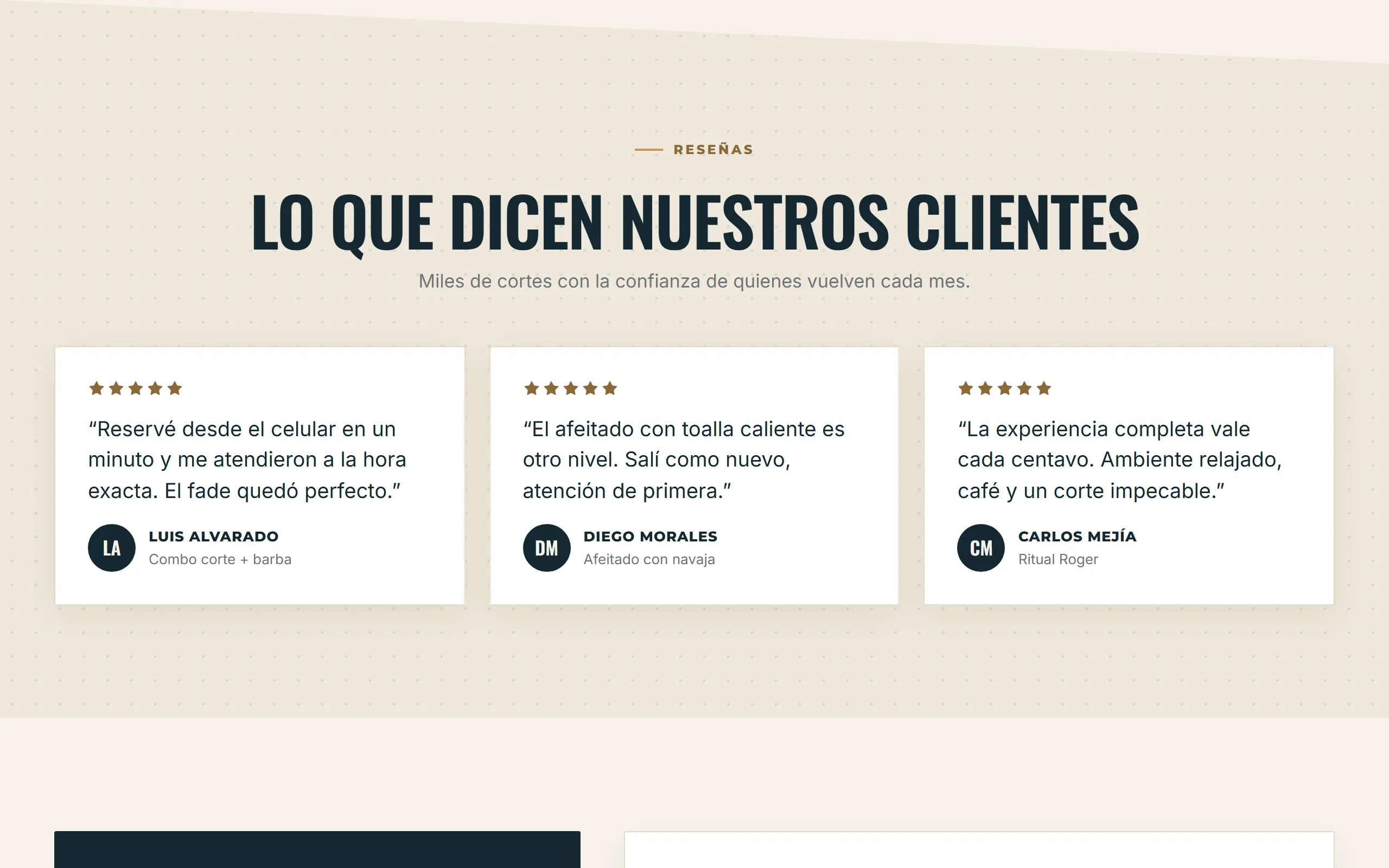 Reseñas de clientes en un sitio de servicios hecho con Disecko