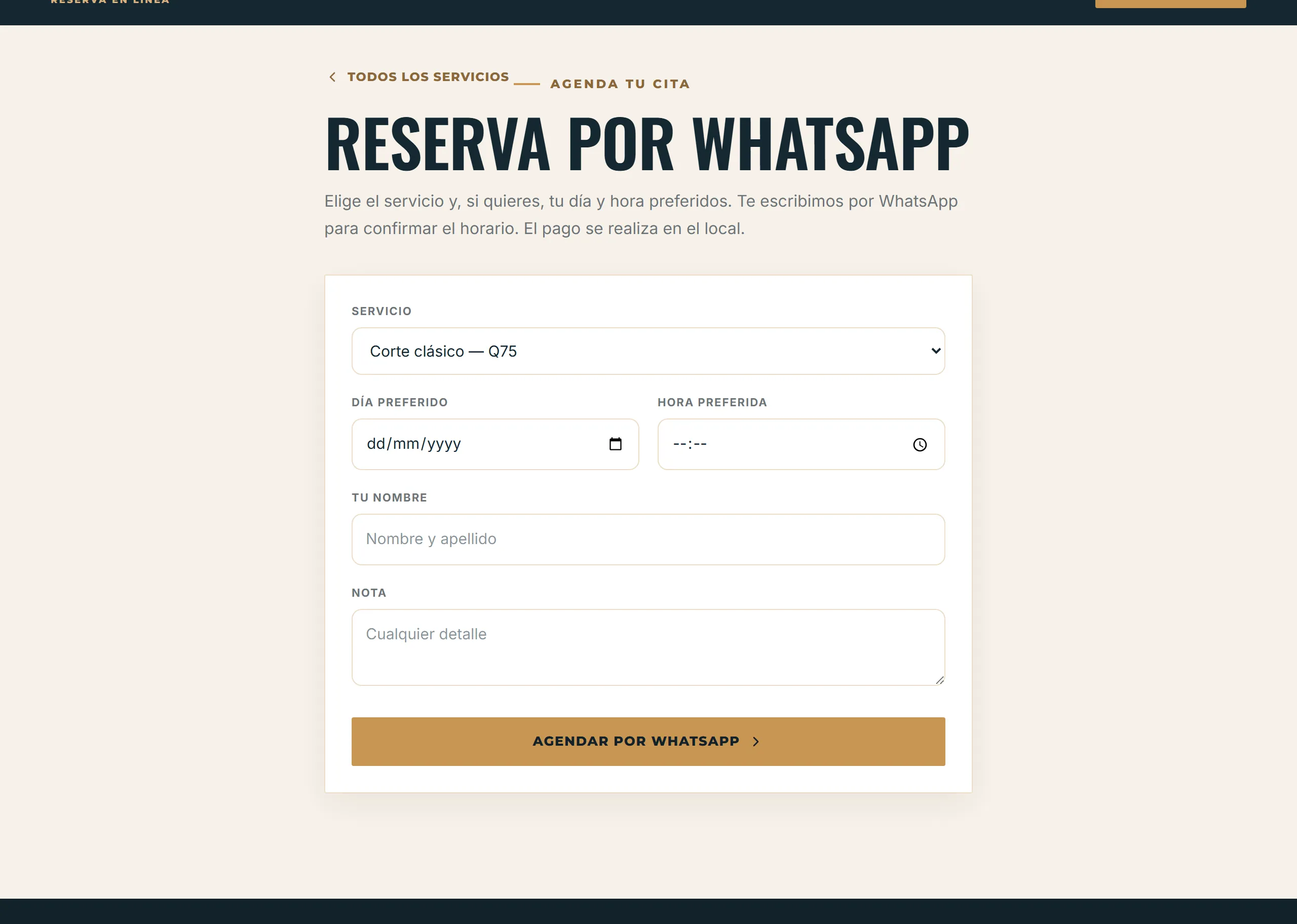 Sitio de servicios con agenda, diseño Creativa, paleta Cedro, hecho con Disecko