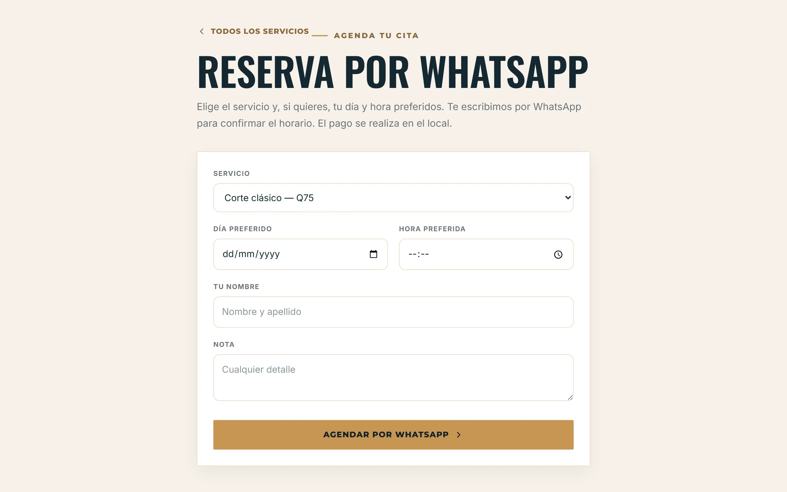 Formulario «Reserva por WhatsApp» con el servicio, el día y la hora preferidos