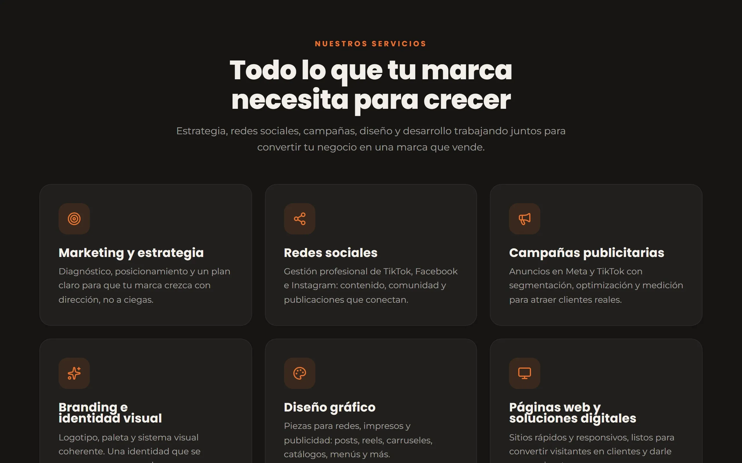 Sección de servicios del sitio para empresas
